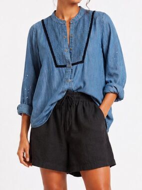 Free People Chambray Pintuck Button Down Shirt Size Medium Boho Western Cottagec